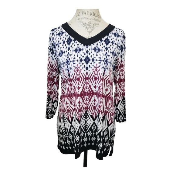Christopher & Banks Multi Color Design 3/4 Sleeve V Neck Tunic Blouse Top Shirt - Picture 1 of 8